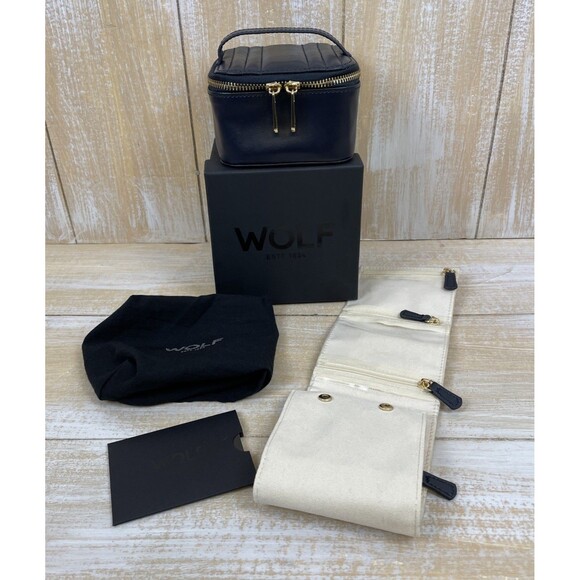 WOLF Maria Zip Jewelry Travel Cube Navy Leather w/ Original Box & Dust Bag - Picture 3 of 16